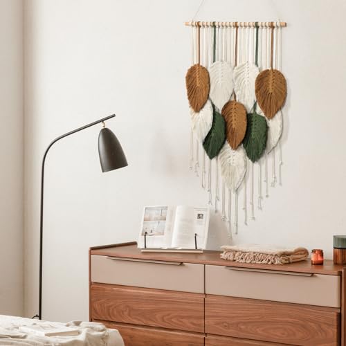 KHOYIME Macrame Wall Hanging Leaves Woven Tapestry, Boho Chic Home Decor Modern Bohemian Handmade Leaf Feather Wall Art Decorations for Apartment Dorm Living Room Bedroom Nursery Backdrop 16.5"x29.5" - color: 16.5"W x 29.5"L