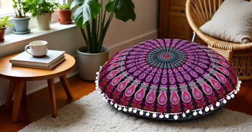 Round Mandala Floor Pillow Cover Seating Cushion Throw Cover Hippie Decorative Bohemian Ottoman Pouf Cover, Pom Pom Pillow Cases,Boho Indian 22 Inches (Pink and White) - color: Pink and White