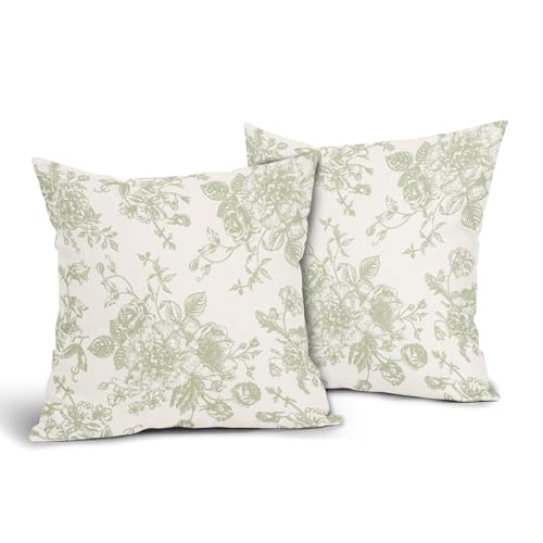 Vintage Floral Pillow Covers 18x18 Inch Set of 2 Sage Green and Cream Floral Throw Pillow Covers Chinoiserie Flower Pillowcases Rustic Farmhouse Cotton Linen Cushion Covers for Couch Bed Sofa Decor - color: Sage Green, size: 18" x 18" (Pack of 2)