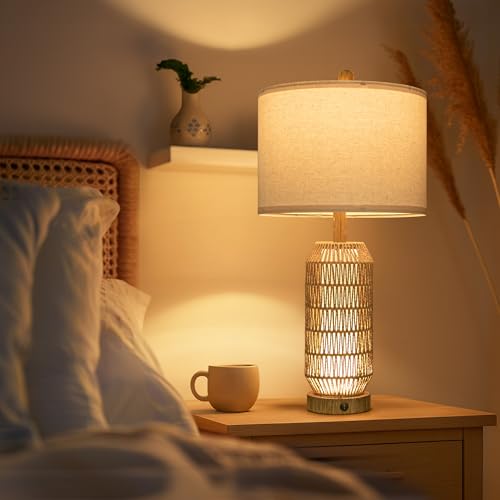 OYEARS 25" Table Lamps Set of 2 with Night Light,Bedside Lamps for Bedroom,Boho Lamps with USB C+A Charging Ports,Farmhouse Table Lamp with Rattan,Frosted Glass,Linen Shade (Wood Grain,Bulb Included) - color: Wood-Grain