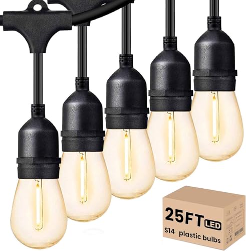 Svater Outdoor Led String Lights 25 FT, Patio Lights for Outside with 9pcs S14 Shatterproof Bulbs, 1 Watt E26 Dimmable, IP65 Waterproof, Commercial Grade Bistro Light 2700K Warm White - size: 25FT