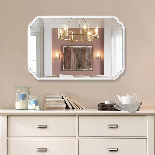 Ferytange White Bathroom Mirror for Over Sink 24×36 Inch - Multi-Size Durable Iron Frame, Shatterproof Glass, Versatile for Bathroom/Bedroom/Living Room Decor (Horizontal or Vertical Mount) - color: White, size: 36"L x 24"W