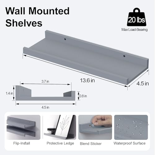 Floating Shelves for Wall Decor, Wall Mounted Wood Storage Shelf for Bedroom, Living Room, Bathroom, Kitchen, Nursery, Display Picture Ledge Shelf with Lip Set of 2-14 Inches, Grey - color: Grey, size: 13.6in