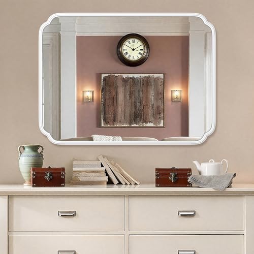 Ferytange White Bathroom Vanity Mirror for Over Sink 30" x 40" Modern Rounded Corner Rectangle Wall Mirror Decorative with Non-Rusting Iron Metal Framed (Horizontal/Vertical) - color: White, size: 40"L x 30"W