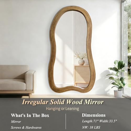 Irregular Full Length Mirror, 71"x33.5" Oversized Organic Floor Mirrors with Triple-Layer Solid Wood Frame, Asymmetrical Full Body Mirror for Living Room Entryway Hallway, Leaning/Hanging - color: Natural, size: 71"L x 33.5"W