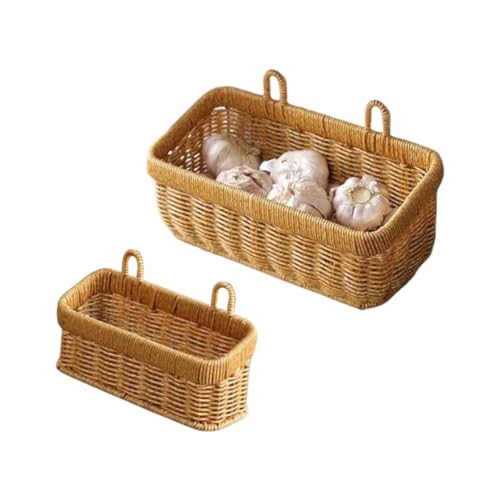 Wicker Wall Hanging Baskets,2 Pcs Handmade Rattan Hanging Wall Baskets for Plants,Flowers,Fruit,Vegetable and Magazines,Woven Wall Mount Decorative Basket for Kitchen, Living Room (Rectangle) - color: Rectangle