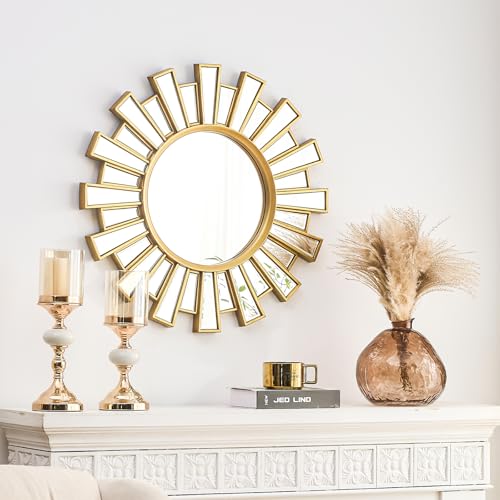 Uniclinens Modern Round Sunburst Mirror Gold - Large Boho Sunburst Mirror Wall Decor,Circle Sun Wall Decor for Bedroom Living Room Hallway Bathroom Entrance,24"