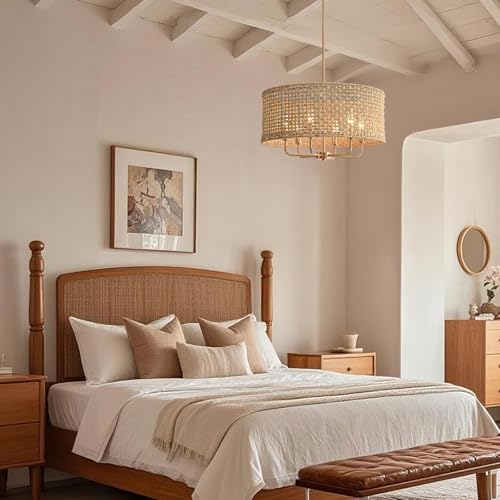 6-Light Rattan Chandelier for Dining Room, Boho Chandelier, Coastal Hand Woven Pendant Light Fixture for Kitchen Island Entryway Foyer Living Room Bedroom UL Listed Gold - color: Gold, size: 21.65"