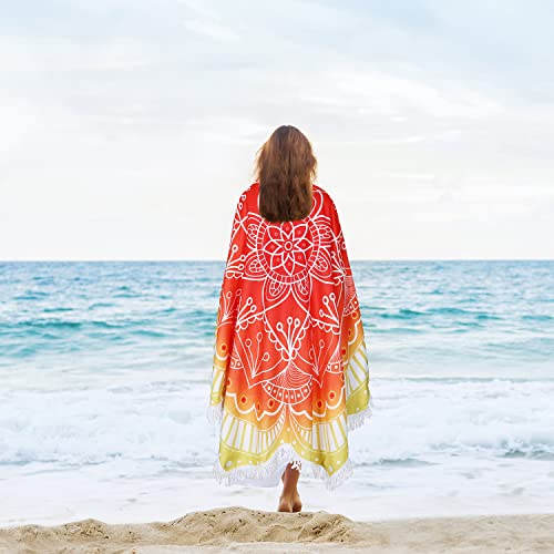 Large Microfiber Boho Mandala Beach Towel Round Bohemian Beach Blanket Hippie Indian Throw Blanket Beach Tapestry Sand Free Quick Dry Yoga Picnic Mat Wall Decor Circle Tablecloth Tassels,59'',Red - color: Red Mandala