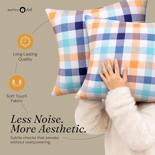Native Fab Throw Pillow Covers 2 Pack, 18x18 Inches, 100% Cotton, Summer Plaid Design, Bright Decorative Square Cushion Cases, Cheerful Decor for Sunroom, Sofa, Couch, Riviera Blue & Sunflower - color: Gingham Riviera Blue & Sunflower Plaid, size: 18" x 1