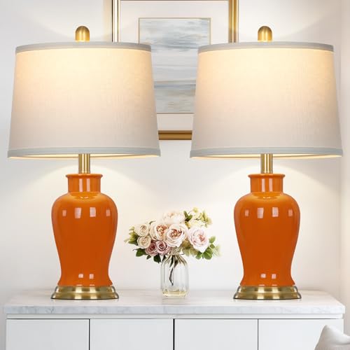 Ruzectt Orange Ceramic Lamps Set of 2, 23" Modern Table Lamps for Living Room, Stylish Bedroom Ginger Jar Lamps, Elegant Bedside Lamp for Night Stand Desk Side End Table Home Decor(Bulbs Included) - color: Orange