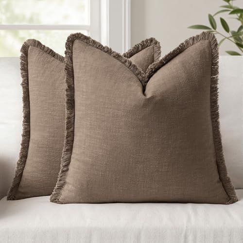 ANRODUO Set of 2 Decorative Throw Pillow Covers 18×18 Inch Soft Linen Fringe Farmhouse Boho Vintage Cushion Covers with Tassels Accent Pillowcase for Couch Sofa Bed Living Room Home Decor Cocoa Brown - color: Cocoa Brown, size: 18" x 18" (Pack of 2)