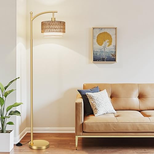 Ambimall Arc Floor Lamp for Living Room with Remote, Color Temperature & Brightness Adjustable, Boho Standing Lamp with Rattan & Fabric Double Drum Shades, Bulb Included(Gold) - color: Gold Rustic