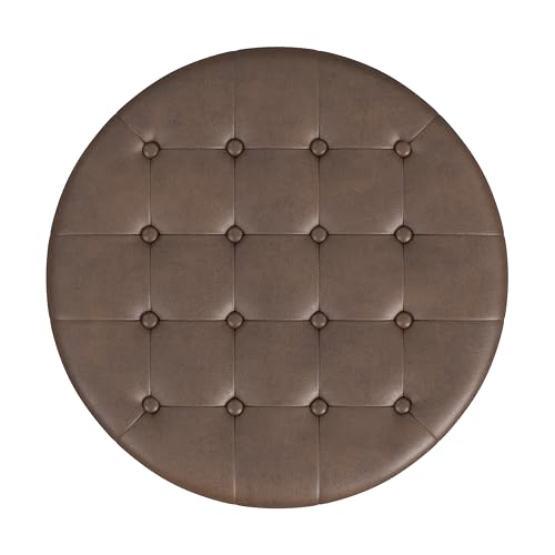 HomePop 28" Button Round Storage Ottoman - Brown Faux Leather - color: Brown Faux Leather