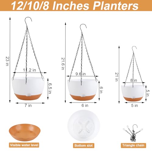 KPUVX 8/10/12 inch Hanging Planters for Indoor Outdoor Plants with Self-Watering Pots, 3 Pack Plastic Hanging Basket with Removable Tray for Home Garden Porch Balcony Patio Decor(White) - color: White, size: 8/10/12 inch
