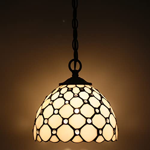 Small Tiffany Pendant Light 8 inch Tiffany Style Stained Glass Pendant Hanging Lamp Small Vintage Hanging Light Fixtures for Home Living Room Restaurant Hallway (White Amber Pearl Beads Style) - color: Cream Pearl Bead Style