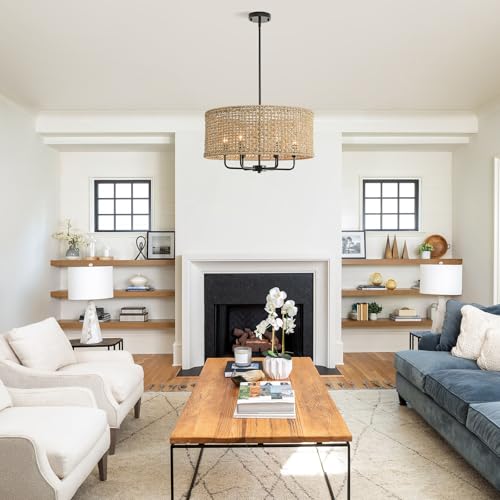 6-Light Rattan Chandelier for Dining Room, Boho Chandelier, Coastal Hand Woven Pendant Light Fixture for Kitchen Island Entryway Foyer Living Room Bedroom UL Listed Black - color: Black, size: 21.65"