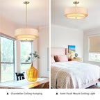 Gold Modern Chandelier 18'' Drum Pendant Light with Fabric Lampshade Hanging Light Fixture 3-Light Farmhouse Chandeliers for Dining Room Bedroom Kitchen Hallway Foyer - color: 18" Fabric Gold