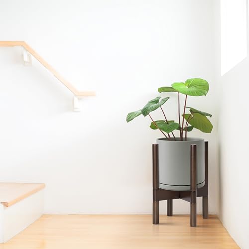 D'vine Dev Ceramic Planter with Walnut Color Stand - 8 Inch Modern Round Flower Pot with Wood Planter Holder, Grey, 55-B-Y-3 - color: Grey Pot + Walnut Color Stand, size: 8 Inch