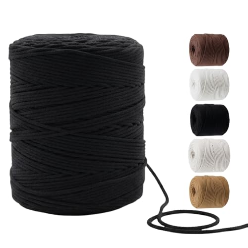 547 Yards Macrame Cord 4 Strand Twisted Recycled Cotton 4mm Black String for Crafts Wall Hangings Plant Hangers DIY Knitting Macrame Supplies - color: Black, size: 4mmx547Yards