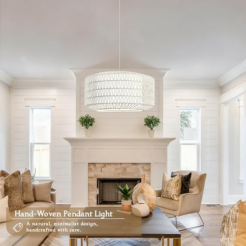23 inch White 5 Light Rattan Light Fixture Woven Pendant Lights Rattan Farmhouse Chandeliers Fabric Shade Boho Chandelier for Dinning Room Kitchen - color: 23"-White-Prism
