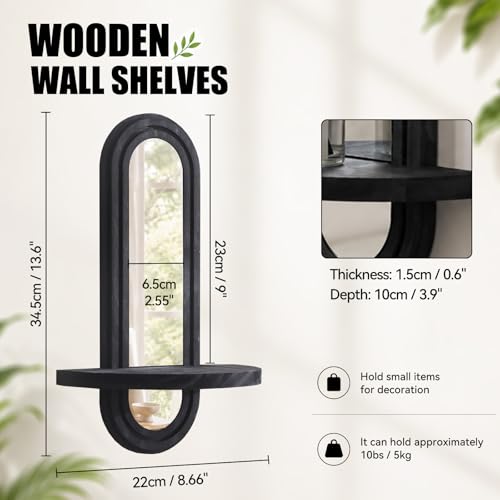 Artilady Floating Shelves with Arched Mirror, Boho Wall Decor Black Wood Wall Mounted Shelf for Bathroom Bedroom Living Room Wall Art (Black Mirror 1) - color: Black Mirror 1