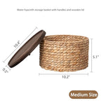 Water Hyacinth Storage Basket with Wooden Lid, 10.2" D x 5.1" H Handwoven Round Organizer for Shelf, Closet & Pantry (Medium) - size: Medium