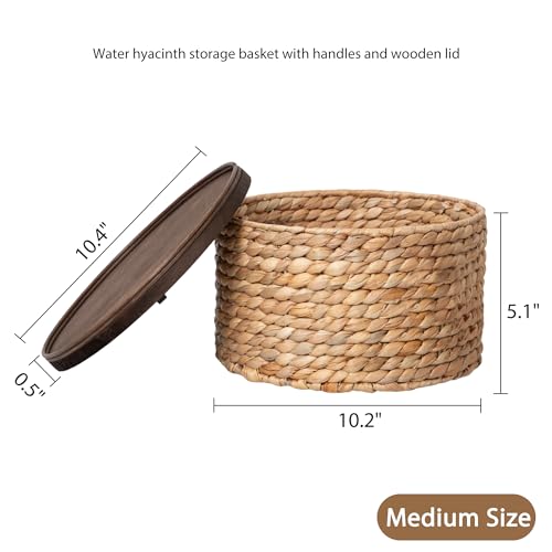 Water Hyacinth Storage Basket with Wooden Lid, 10.2" D x 5.1" H Handwoven Round Organizer for Shelf, Closet & Pantry (Medium) - size: Medium