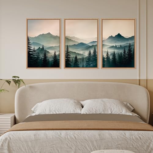 HPNIUB Large Green Mountain Framed Canvas Wall Art,Boho Foggy Forest Wall Decor,Modern Watercolor Pine Tree Wall Painting,Nature Mountains Landscape Art Print for Living Room,Bedroom,Office- 24"x36"x3 - color: Green Mountain Wall Art, size: 24"L x 36"W