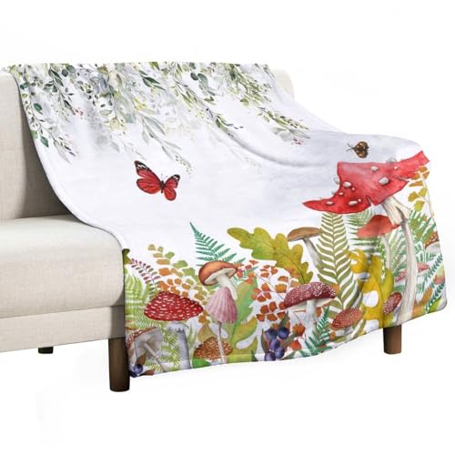 Rustic Mushroom Blanket,Vintage Green Nature Rustic Plant Leaf Flower Butterfly Print Blanket for Couch Sofa Bed Decorative Gifts 30x40 - color: Blanket-1, size: 30"x40"