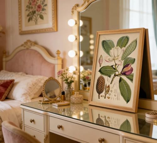 Framed Vintage Magnolia Botanical Wall Art, Antique Plant Floral Illustration Canvas Print Poster, Flower Nature Wall Decor for Living Room Bedroom, Rustic Home Decoration, - color: Green flowers, size: 24"L x 16"W