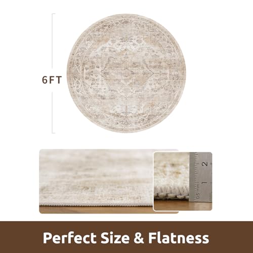 AMOAMI-6FT Round Rug-Rugs for Living Room-Vintage Soft Beige Rugs for Bedroom-Non Slip Circle Rug-Machine Washable Rug for Dining Room Living Room Bedroom Office Under Table - color: Beige, size: 6' (Round)