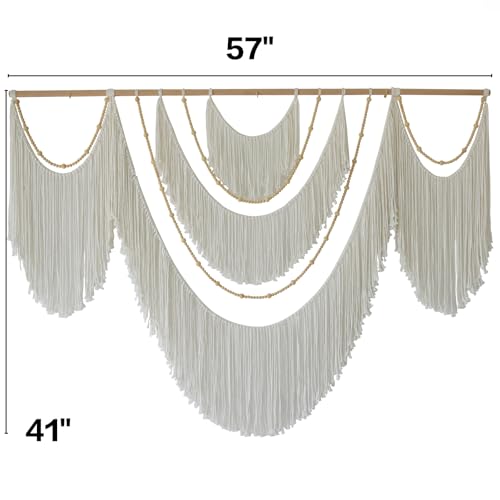 Flber Large Macrame Wall Hanging – Boho Yarn Art Garland with Tassels and Beads, Handmade Rope Decor for Nursery, Party, Wedding, Bedroom, Fireplace Mantel, or Photo Backdrop 57" W x 41" L - color: White