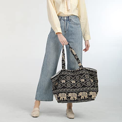 OPQRSTU Women Hippie Tote Hand Bag Large Capacity Bohemian Bag Portable Tourist Shoulder Bags - color: Black