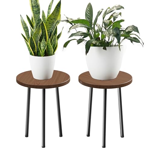 Plant Stand for Indoor 2 Pack: Plant Table 14inch Wooden & Metel Heavy Duty Plants Stool - Mid Century Modern Design for Bedroom/Living Room/Patio/Garden - color: Walnut, size: 14"&14"