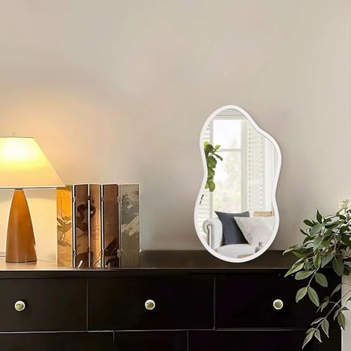 AAZZKANG Small Wall Mirror with Irregular Wood Framed Decorative White Mirrors for Bedroom Dressing Room Living Room Bathroom Entryway - color: White, size: 14"L x 8"W
