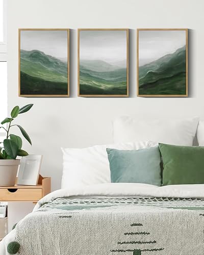 SHENIFY Fog Pine Green Tree Forest Canvas Wall Art 11x14in Framed Nordic Nature Modern Mountain Artwork Prints Decor - Natural Framed - color: Green mountains, Natural Framed, size: 11"x14"