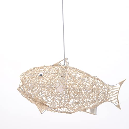 Hand-Woven Bamboo Pendant Light, Lantern Lamp Rattan Single Light Weaving Natural Wooden Ceiling Hanging Fixture with Adjustable Cord for Kitchen Dining Living Room Restaurant Farmhouse (Fish Style) - color: Fish Style