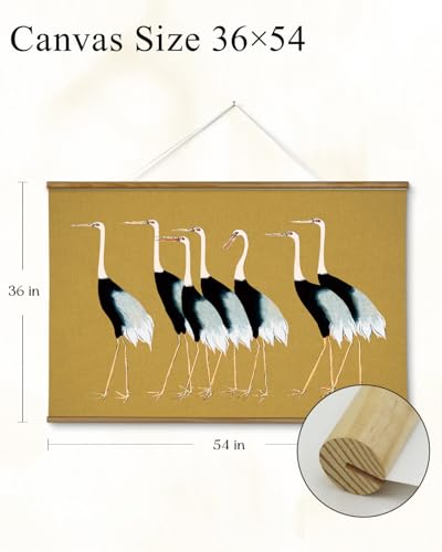 VIYYIEA Extra Large Size Canvas Wall Art, 36x54 Vintage Scroll Hanging Crane Print, Elegant Bird Animal Artwork for Living Room, Bedroom, or Office - color: Seven Cranes