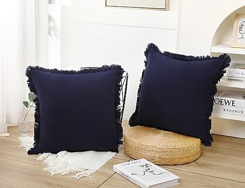 NUYECY Set of 2 Natural Linen Fringed Throw Pillow Covers,Navy Blue Neutral Decorative Pillowcase with Chic Tassel Burlap Boho Square Cushion Covers for Couch Sofa Farmhouse,22x22 inches - color: Navy Blue, size: 22" x 22" (Pack of 2)