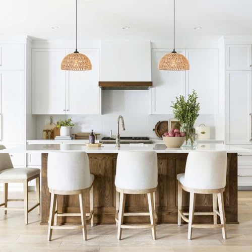 12" Rattan Pendant Light, Boho Dome Woven Hanging Light Fixture, Adjustable Height Natural Style Ceiling Lamp for Kitchen Island, Dining Room, Entryway, Bedroom, Hallway, EH61760P1