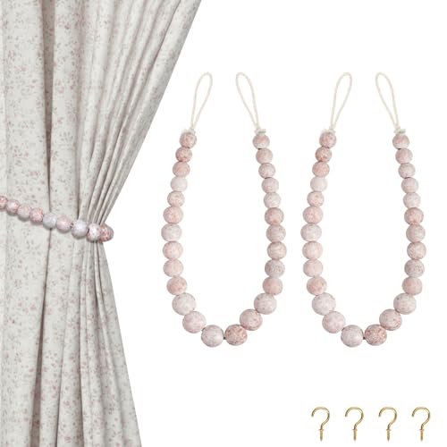Hion 2 Pcs Boho Curtain Tiebacks,Wood Beads Curtain Holdbacks,Outdoor Farmhouse Tie Backs for Curtains,Curtain Holders for Drapes Home Office Decor with Hooks(White Washed) - color: White Washed, size: 2 Pack