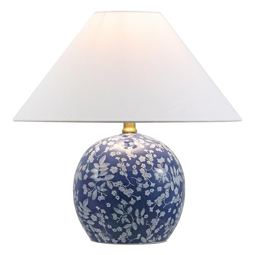 JONATHAN Y 17.25" Blue/White Modern Cottage Floral Ceramic Globe Table Lamp for Bedroom, White Linen Shade, LED Bulb Included, French Country Home Decor JYL5508A - color: Blue/White