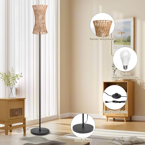 Ruiever Floor Lamp for Living Room,Farmhouse Floor lamp,Modern Standing lamp with Hand-Worked Rattan Shade (Slim Waist Rattan Shade-3 Color Bulb) - style: Slim Waist Rattan Shade-3 Color Bulb