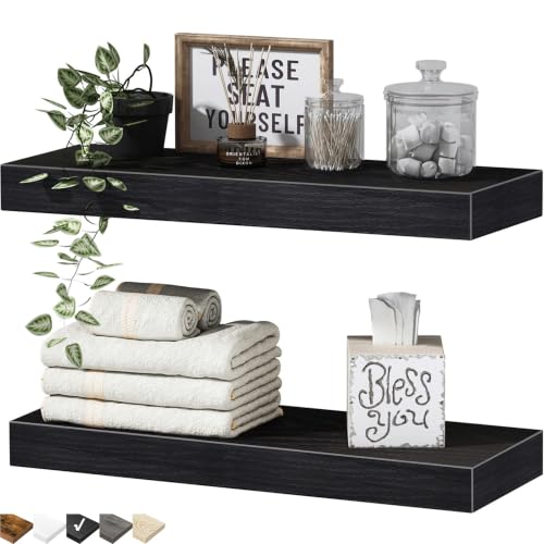 QEEIG Bathroom Floating Shelves for Wall - 15.7" Wall Mounted Shelf Over Toilet Farmhouse Home Decor Display Bookshelf Small 15.7 x 6.7 inch Set of 2, Black (008-40B) - color: C. Black, size: 15.7"