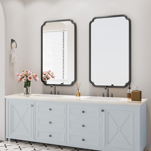 Ferytange 26"x40" Rustproof Bathroom Mirror Black, Round Corner Metal Frame Wall Mirror, Horizontal/Vertical Hanging Over Sink, Bedroom Bathroom Decor - color: Black, size: 40"L x 26"W