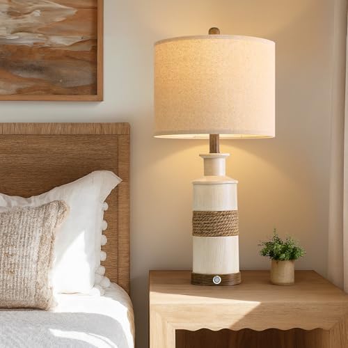 BOBOMOMO 24.5" Farmhouse Boho Table Lamps Set of 2, Hand-Woven Rattan Bedside Lamps with 3-Way Dimmable Touch Control & USB A+C Ports, Nightstand Lamp for Bedroom, Living Room, Corner (Bulbs Included) - size: 24.25"