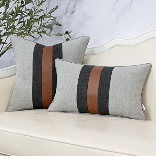 Yangest Patchwork Pillow Cover 18x18 Inch Luxury Cotton and Linen Cushion Cover Faux Leather Pillowcover for Couch Bedroom Living Room, Gray - color: L-grey, size: 18" x 18" (Pack of 1)