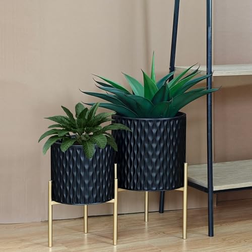 ARNIS Plants Pots with Stand, Set of 2 Planters, Unique Mid Century Decorative Metal Flower Pots with Drainage, 8.25 & 10.5 Inch, Black - color: Matte Black, size: 8.25 &10.5