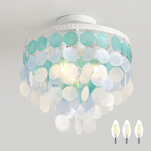 13.8" Natural Capiz Shell Chandelier 3 Light Mini Chandelier Boho Ceiling Light Entryway Light Fixture for Girls' Bedroom Hallway Living Room Dinning Room Brushed White Bulb Included - color: Ocean Blue, size: 13.8 inch